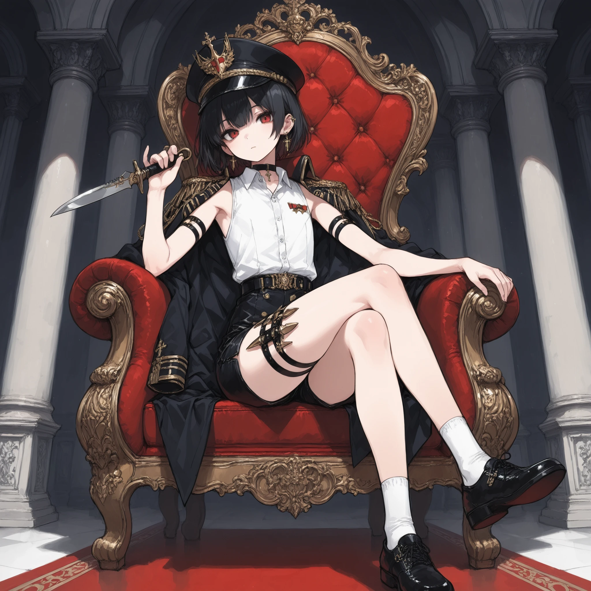 ((Best quality)), ((masterpieces)), (detailed), Perfect Face, SOLO, ((femboy)), tomgirl, ANIME, beautiful detailed eyes, BOB hair, BOBed hair, black hair, RED EYES, BARE thighs, (((BARE LEG))), ((BLACK short pants)), (((dress shirt))), ((Flat chest)), Choker, (knife thigh strap), (Black General's Uniform), uniform hat, ((general uniform top)), ((sleeveless)), arm straps, general's uniform top draped over the shoulders, expressionless, tight short black shorts, ((Holding dagger)), earring, Royal palace, GREAT HALL, red throne, cross legs, Black shoes and white socks, (Countless Daggers))