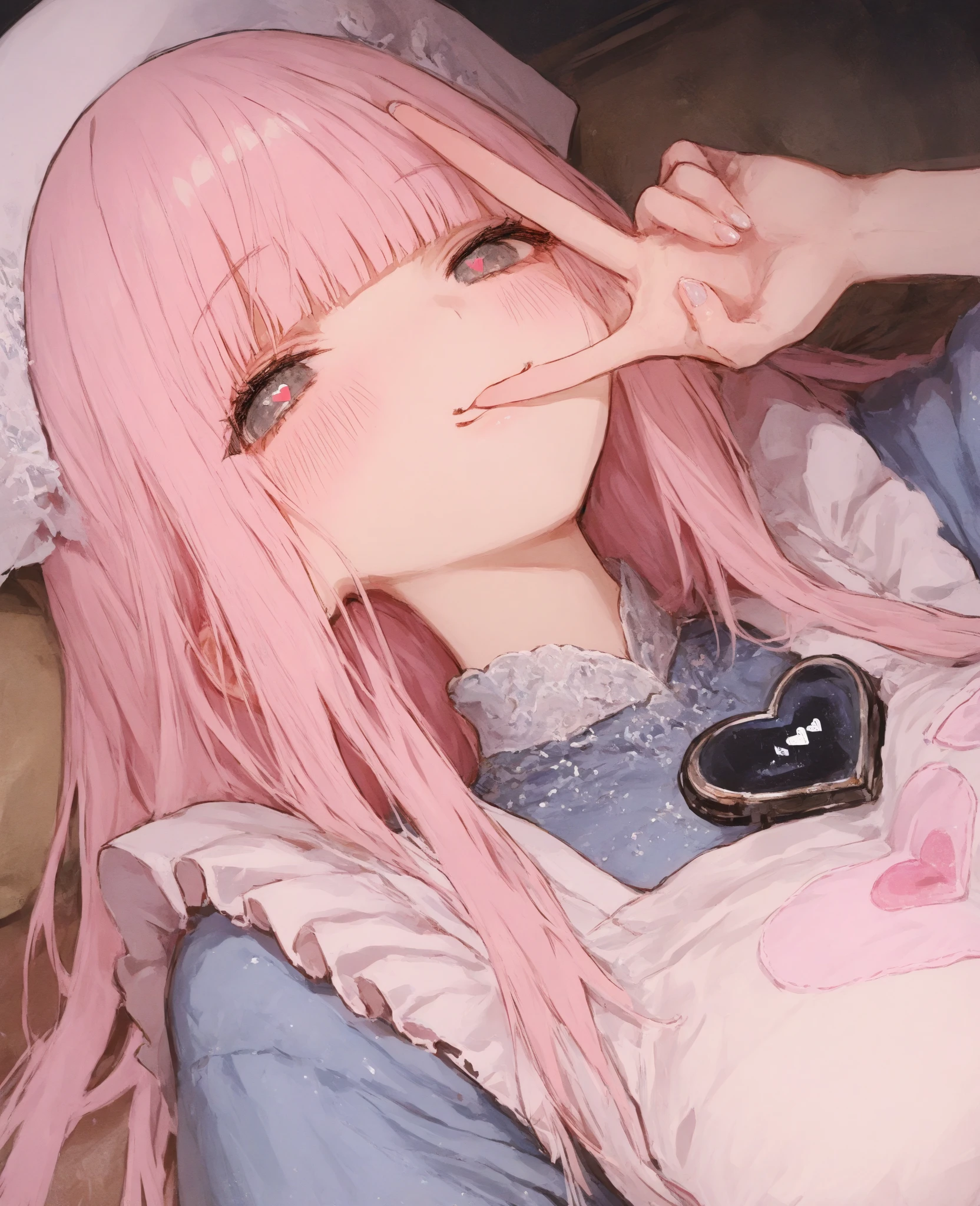 a anime girl with dark pink hair and wearing pink glasses and wearing a white and pink frock and some blood in her mouth
