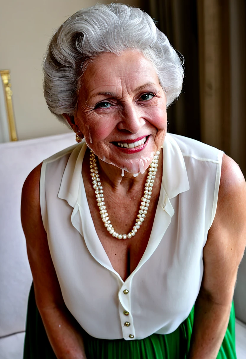 (deepthroat:1.6), (penis cum:1.5), (gorgeous queen elizabeth 80yo) and a (man:1.3), (cum on face:1.4), (huge breast:1.4), (pointed nipples:1.5), Passionate, (nsfw:1.4), (chiffon white shirt:1.5), (black skirt:1.3), lipsticks, Pearl Necklace
