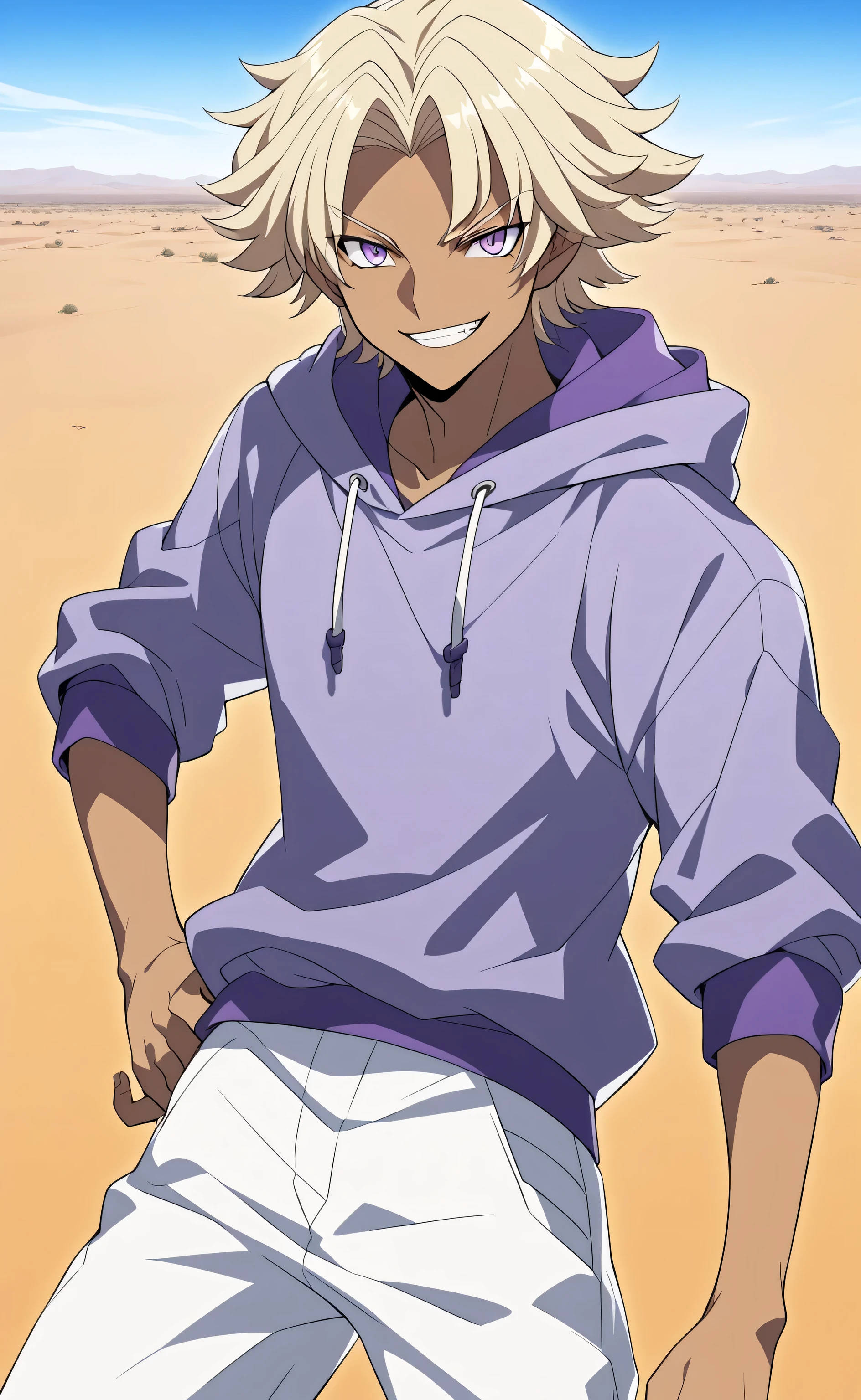1male,solo,marikuish,dark skin,purple eyes,blonde hair,medium hair,parted bangs, purple top tank hoodie, white short pants, smirk,male_focus,desert background,Gundam Build Fighters Style
