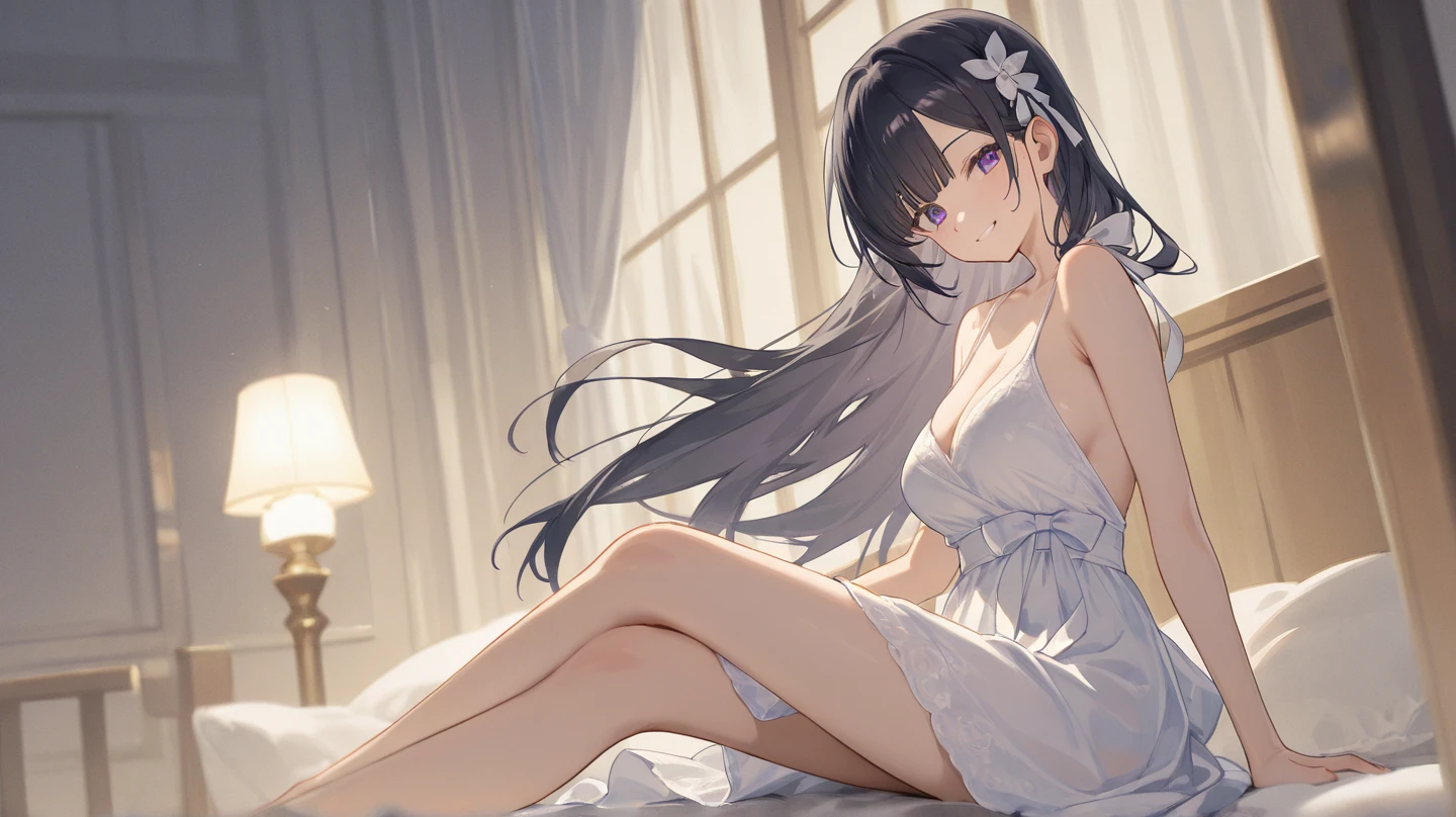 a female, big sad eyes, pale skin, wearing a white nightgown, very skinny, long black hair, sitting on the ground, detailed eyes, prominent collarbones