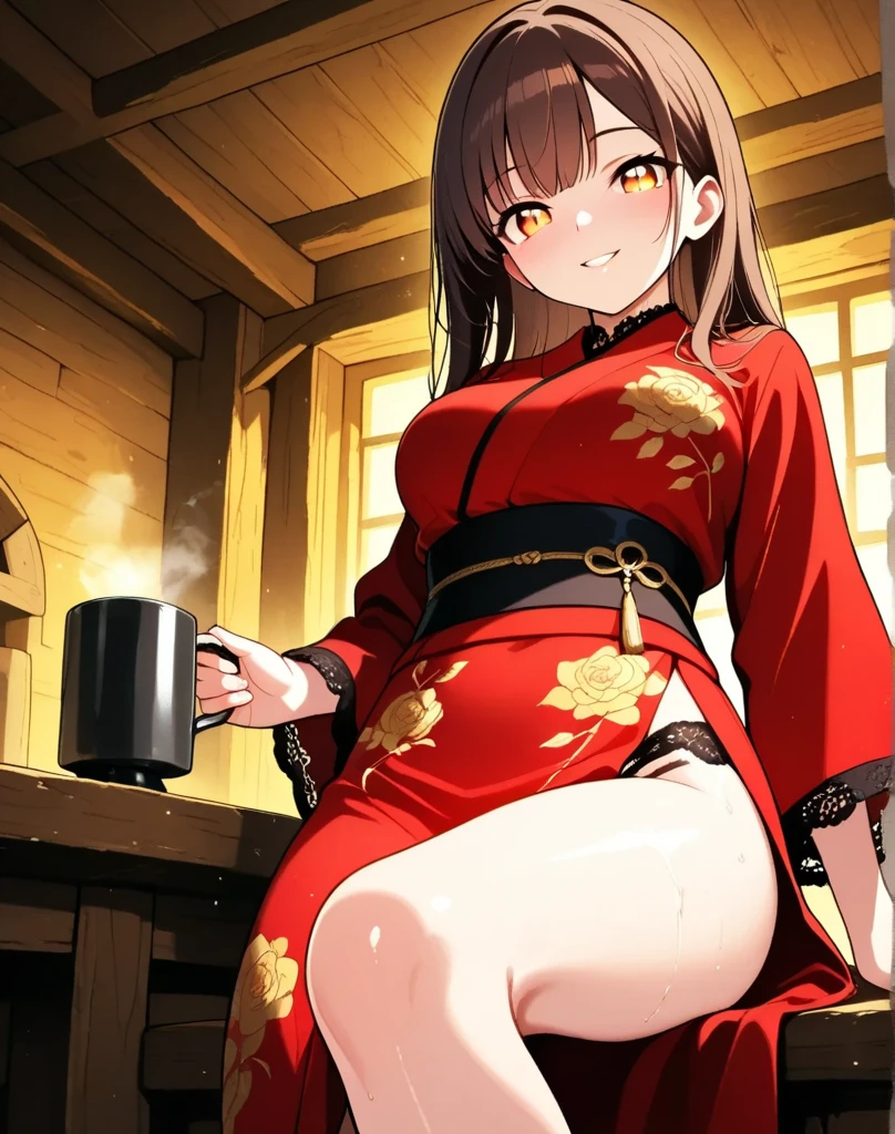 Highest quality　masterpiece　High resolution　masterpiece　Brown Bob　　Grey Eyes, High ponytail cut, (A belt with a holster on the waist),Watch on wrist,Being drunk,Open your eyes,Drunk,Japanese sake,hiccups,sad,indoor,Above the knee shot,Japanese-style room,Lying on the futon,masturbation behavior,超High resolution,16K