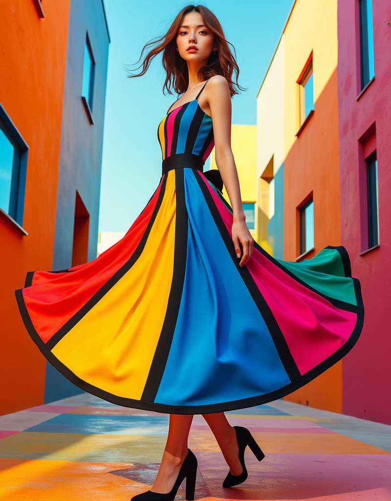 a woman in a beautiful rainbow dress , Angelina Jolie, official product photo, fan Angelina Jolie,, inspired by Angelina Jolie , fanart, photoshoot, with mobile showroombackground, Photoshoot, hyperrealistic, high resolution, photorealistic, detailed, really skin, black curly hairstyles, smile face, walking posting