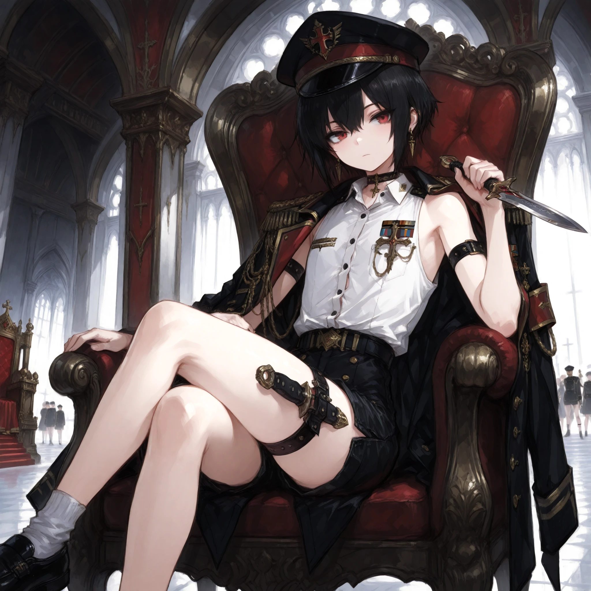 ((Best quality)), ((masterpieces)), (detailed), Perfect Face, SOLO, ((femboy)), tomgirl, ANIME, beautiful detailed eyes, BOB hair, BOBed hair, black hair, RED EYES, BARE thighs, (((BARE LEG))), ((BLACK short pants)), (((dress shirt))), ((Flat chest)), Choker, (knife thigh strap), (Black General's Uniform), uniform hat, ((general uniform top)), ((sleeveless)), arm straps, general's uniform top draped over the shoulders, expressionless, tight short black shorts, ((Holding dagger)), earring, Royal palace, GREAT HALL, red throne, cross legs, Black shoes and white socks, (Countless Daggers))