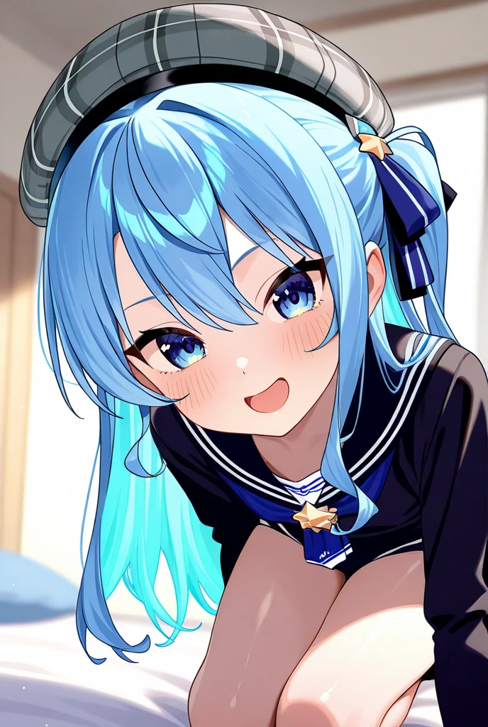Light blue long hair、Twin-tailed Girl、Sailor suit、Thin chocolate-coated stick snacks、A delicious looking face、青いSailor suit