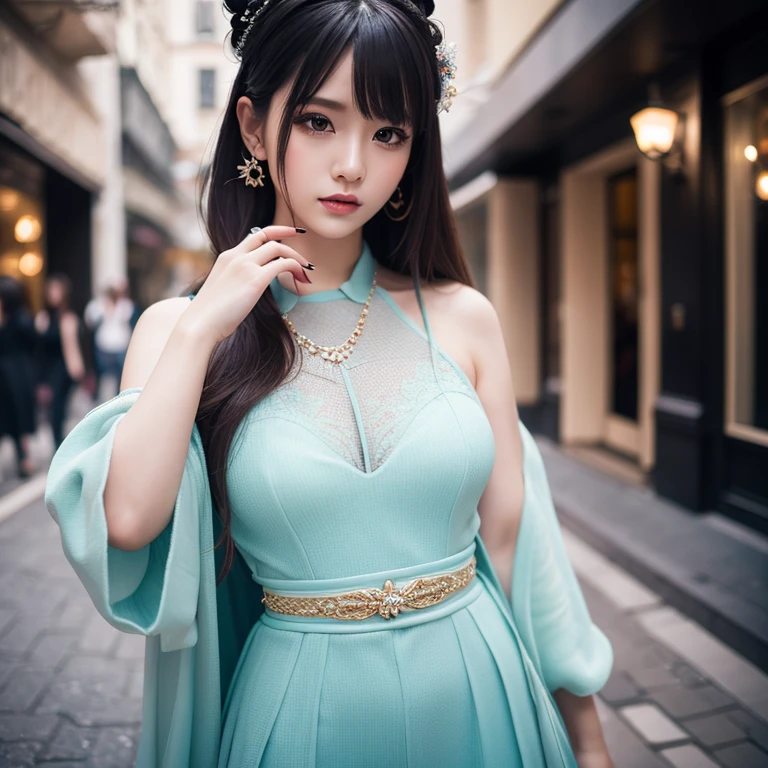 (((masterpiece))), (((best quality))), (((street))), (((half body photo))), (((upper body photo))), (((longhair))),bang, solo, a young woman, big tits, (((petite figure proportion))), off shoulders, qipao, cut-out dress, <lora:classichafu:0.5>