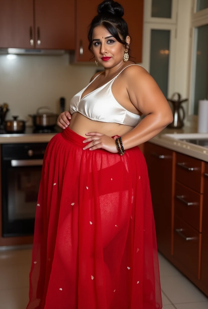 40year old heavy muscular young aged cute beautiful Kerala malayali beautiful female bodybuilder housemaid aunty , aunty in saree , Her muscular physique is highlighted by her self-assured strong biceps legs with more muscular calf with pointed high heel sandal in kitchen