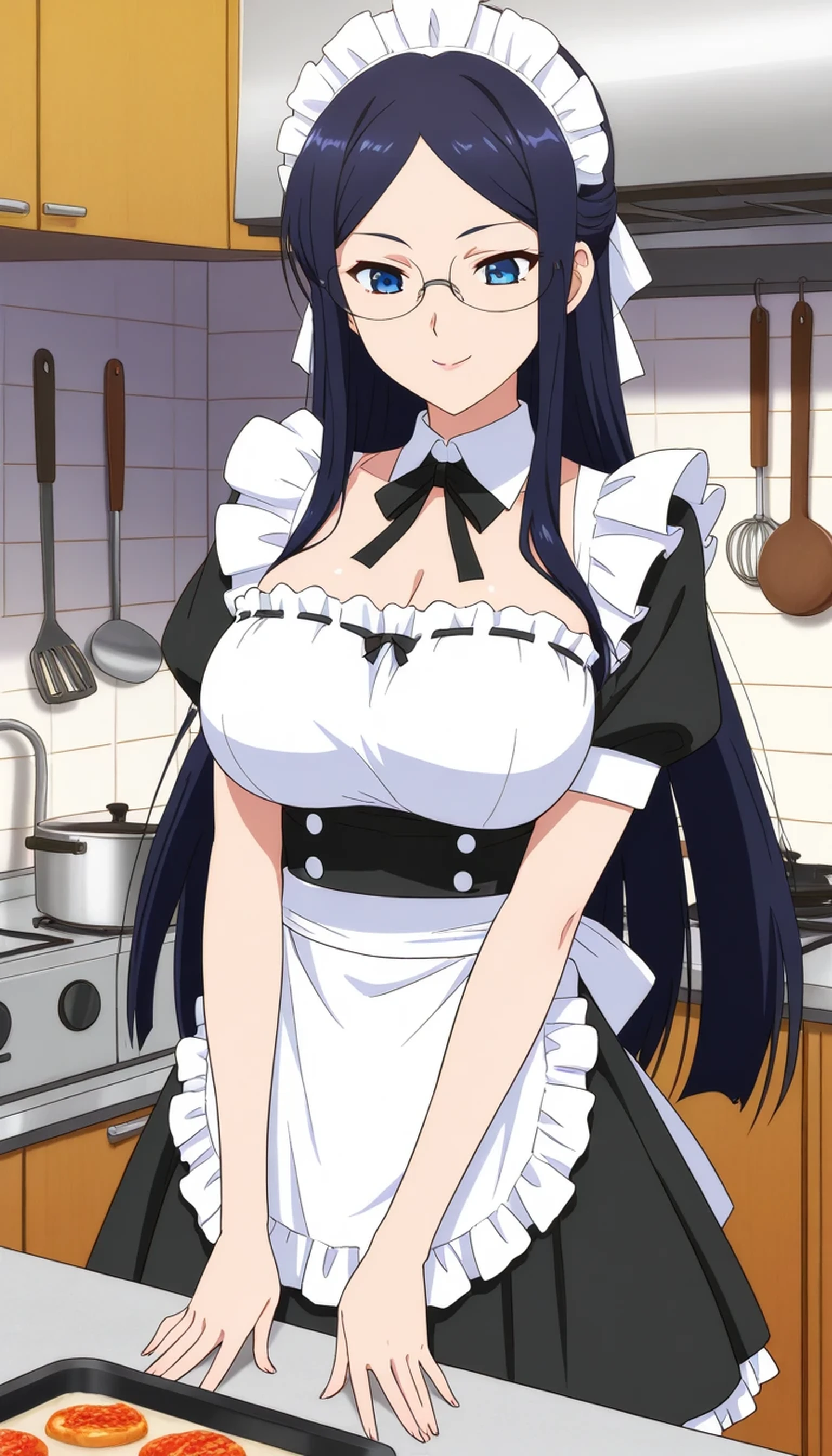 Score_9, Score_8_climb , Score_7_climb , Score_6_climb , Score_5_climb , Score_4_climb, masterpieces, Detailed Model, Exquisite Piece, precise, 1 girl, source anime, Misaki Gundou, long hair, ผมสีดำ, blue eyes, with glasses, , put on maid dresses, smile, Cooking stand, kitchen background