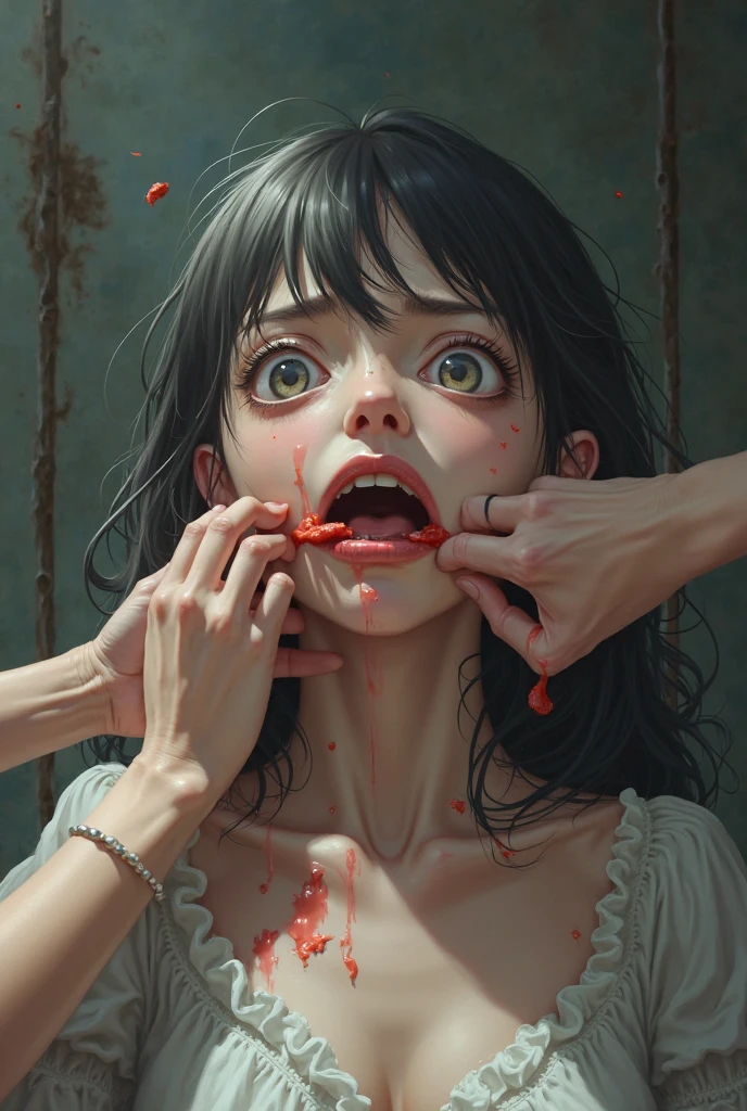 Highest quality, masterpiece, look up, cute,(Horror),(((少女の美しいzombie))),((zombie)),((This girl is dead)),(Being attacked),Trying to bite,(((Bleeding,Injured))),(((Shedding tears of blood))),((Bloodbath)),((口からBleeding)),((Covered in blood)),(A body covered in wounds),((zombieに身体中を噛みつかれた)),((Sexy)),(sexy),((Large Breasts)),(Baby Face),(high school girl),(Pregnant women),Bobcut,(((Masturbation))),((semen)),Beautiful Style,(((Lower body exposed))),(((Pale skin))),((Sensual look)),(Sexy表情),(Expressions of delight),((fearと快楽の表情)),((Ahegao)),(Dark atmosphere),(Dark atmosphere,fear),((Dim lighting))
