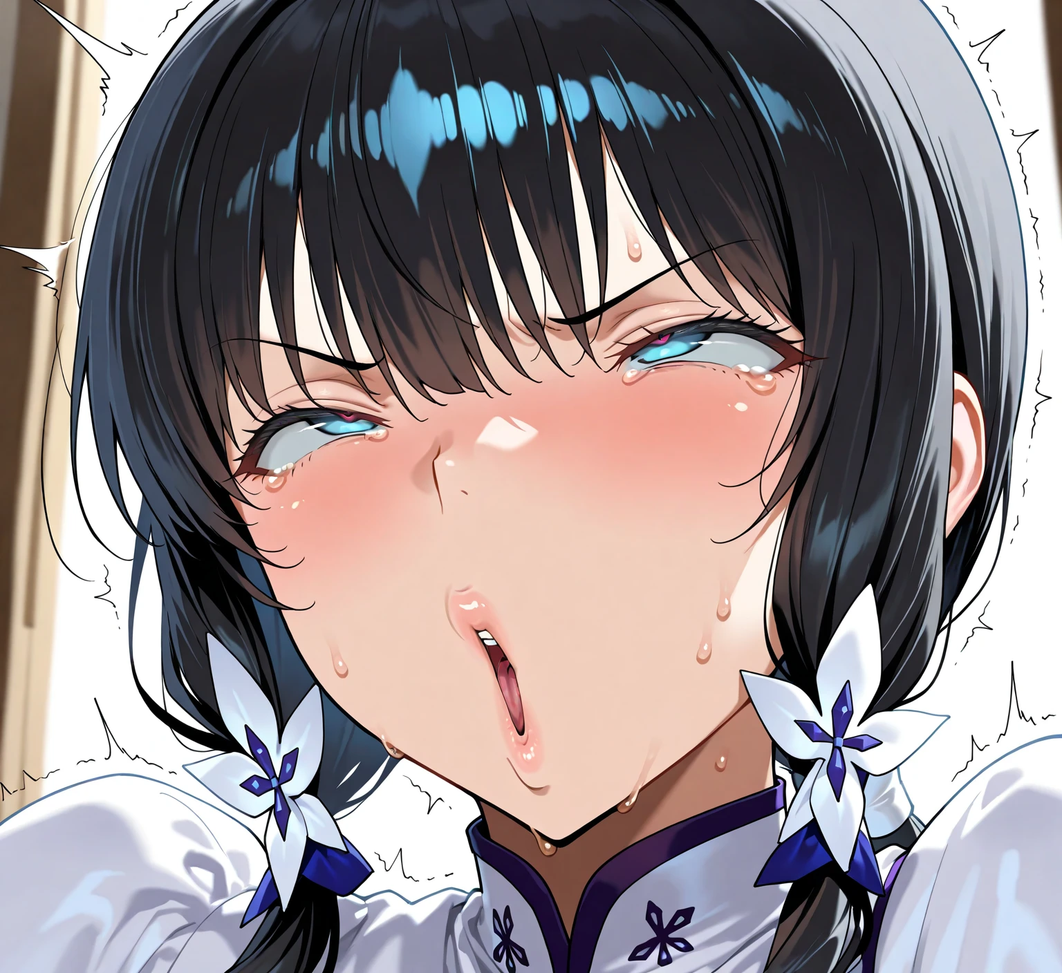 (hews art style:0.7), score_9, score_8_up, score_7_up, score_6_up, uncensored, yor briar, black hair, white hairband, red eyes, BREAK (masterpiece:1.2), best quality, high resolution, (beautiful detailed eyes:1.3), perfect lighting, (perfect hands, perfect anatomy), poke, penisheek, cheek squeeze, classroom, penis, ere, precu cock, annoyed face, buk