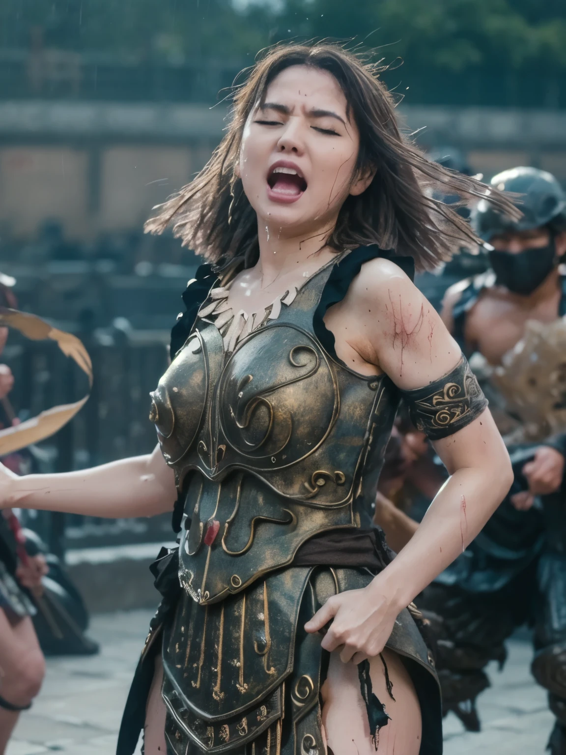 big bows and arrows are piercing her body, screaming in pain, eyes closed, masterpiece, high resolution, scratch, Shabby, scratchだらけ, , dirt, Wet, Heavy rain is falling, Clothes are torn 、I can see his chest and nipples , torn clothes, panties , Bruise,