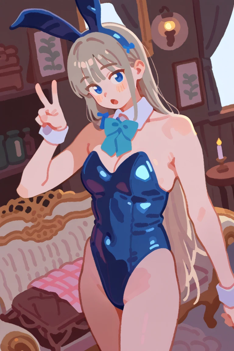 (masterpiece, best quality:1.2), cowboy shot, solo, 1girl, tokibunny, playboy bunny, expressionless, closed mouth, long blonde hair, fake animal ears, blue eyes, blue leotard, blue bow