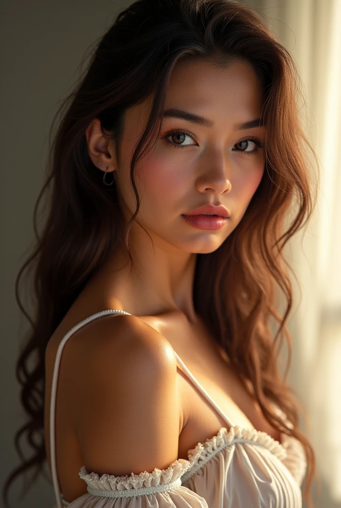 Superbe fille de 18 ans d'origine hispanique, avec des cheveux lisses, Poil long, cheveux bruns, yeux marrons, métis, poitrine généreuse