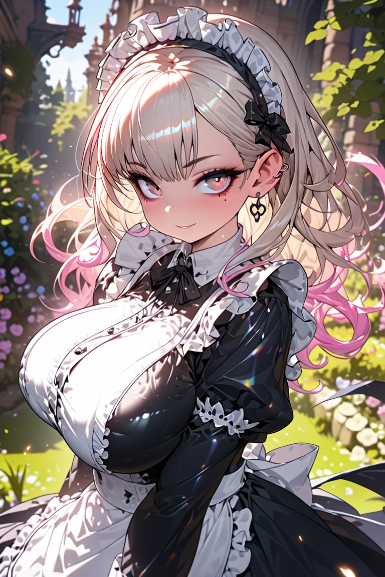 in on her face, standing in a blooming garden of vibrant flowers. The medium is a digital painting created with ultra-fine details and vivid colors. The woman's white hair is depicted with intricate shading and highlights, showcasing its texture and volume. The maid-like headdress, adorned with delicate lace and ribbons, adds an elegant touch to her appearance. She wears a Victorian-style ruffled dress in a soft pink hue, which flows gracefully around her figure.
Her face is the focal point of the artwork. The artist pays special attention to her blue eyes, capturing their beauty and sparkle with extreme detail. The eyes are mesmerizing, reflecting a sense of depth and emotion. The woman's lips are smirking, adding a mischievous charm to her expression. Her overall countenance exudes a sense of happiness and contentment.
The garden surrounding the woman is bursting with life. The artist portrays an abundance of colorful flowers, such as roses, tulips, and lilies. The flowers are meticulously depicted, showcasing their intricate details and vibrant hues. The garden creates a vibrant and joyous atmosphere, complementing the woman's demeanor.
The artwork is of the highest quality, with a level of detail that allows viewers to appreciate every stroke and texture. The digital painting is rendered in ultra-high resolution (4k or 8k), providing a lifelike and immersive viewing experience. The colors are vivid and rich, enhancing the overall visual impact.
The artistic style of the illustration is reminiscent of classical portraits, with influences from fantasy and romanticism. The combination of realistic features and imaginative elements creates a unique and captivating visual narrative.
The color palette used in the artwork is dominated by soft pastel tones, emphasizing the feminine and graceful nature of the subject. Subtle variations of pinks and purples create a dreamlike and enchanting atmosphere. The lighting in the scene is soft and gentle, casting a warm glow on the woman's face and illuminating the garden with a magical ambiance.
Overall, this detailed illustration captures the beauty and elegance of an adult woman standing in a blooming garden. The artwork invites viewers to immerse themselves in a whimsical and enchanting world, where fantasy and reality blend seamlessly.