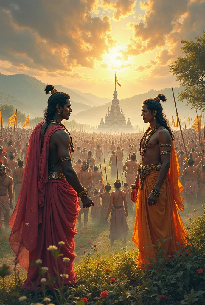 Krishna with Arjuna standing infront of their crores of army getting ready for the battle of kurukshetra