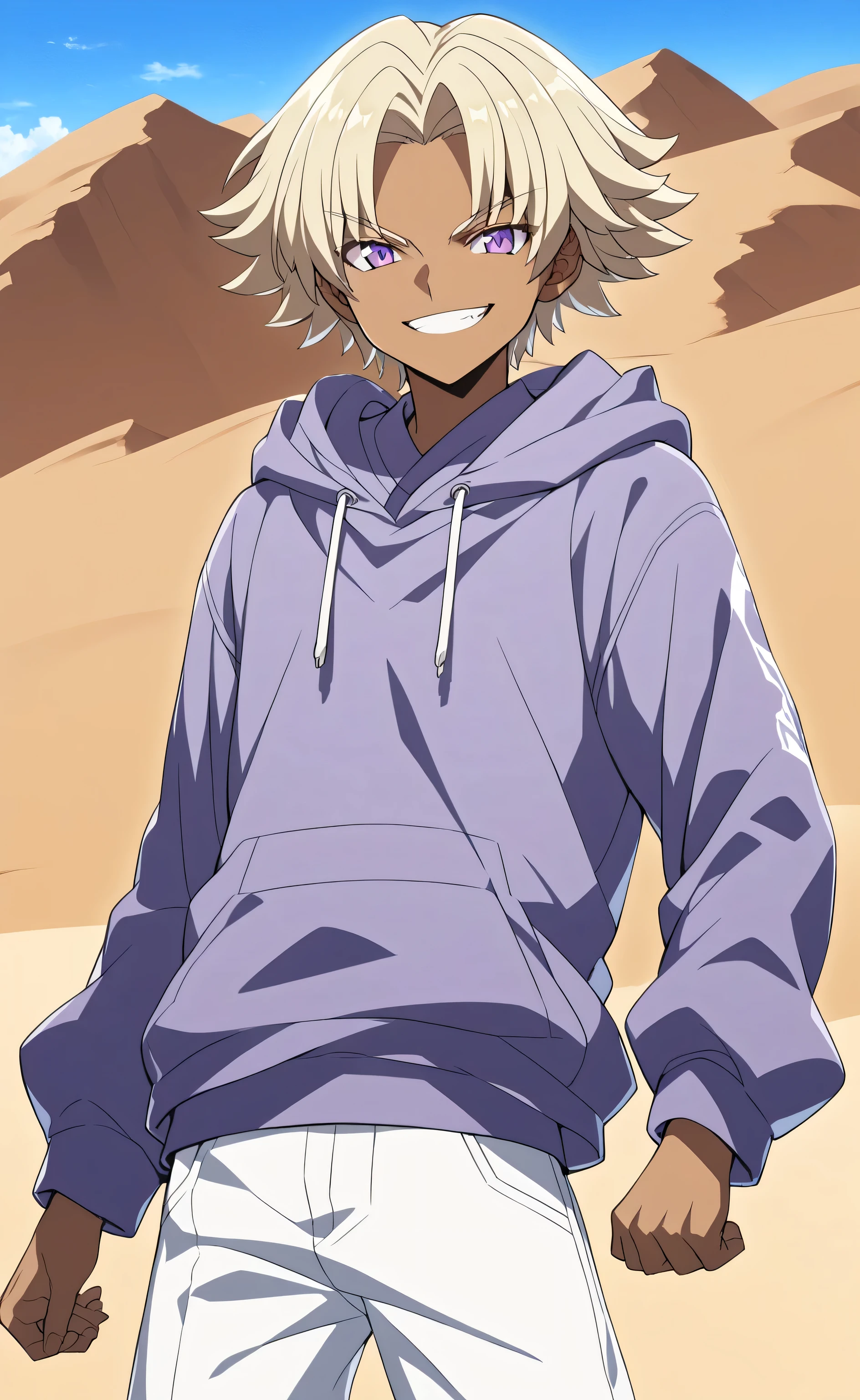 1boy,young,solo,marikuish,dark skin,purple eyes,blonde hair,medium hair,parted bangs, purple top tank hoodie, white short pants, smirk,male_focus,desert background,Gundam Build Fighters Style