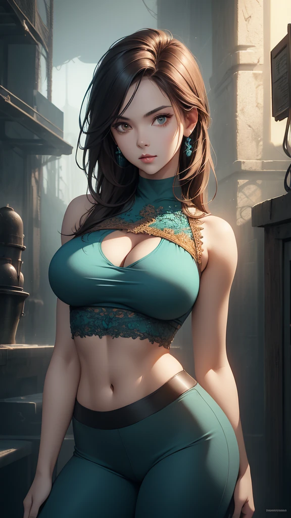 (Gorgeous face:1.2), absurd resolution, masterpiece, Ultra-detailed, (lifelike), intricate details, (photorealistic), (slim) female, (looking to camera), (huge breasts), (piercings in body:1.3), (detailed face and eyes:1.2), (fit arms:1.2), (cumsoaked), (messy dark brown braided hair), (tan marks), full body, (chocker), straps on body.