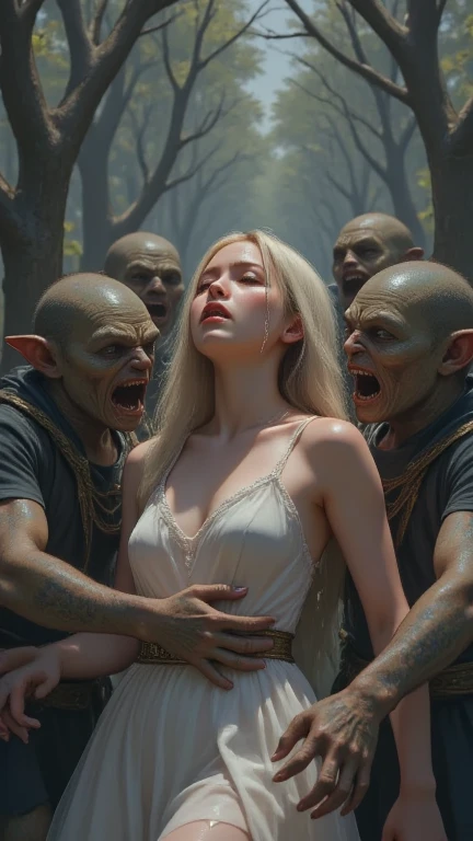 3 people ,Beautiful Elf Girl, White and bright skin, long golden hair, Clear blue eyes, Beautiful and elegant face, Slender and charming figure ,princess ,naked,big breast , Huge orcs surround you., kiss mouth ,Sucking on one breast