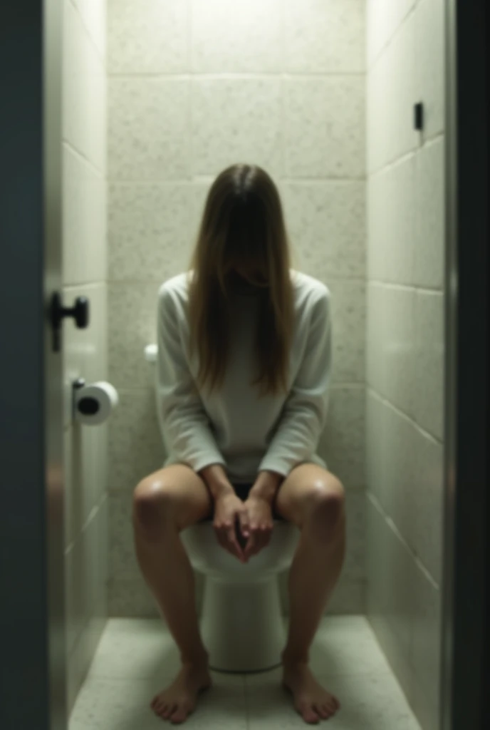 (A teen girl is urgently peeing on a urinal) (Realistic) (peeing in the men’s restroom) sitting on the urinal peeing