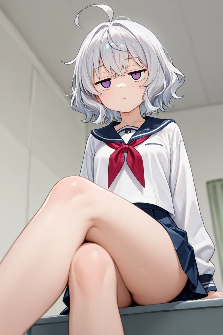 Young girl with grey hair, ((fringed and curly hair)),((curly short twintail)), curly hair ,(red eyes),, ((small bushy eyebrows)), wearing gothic ta clothing, loli, walking to school, bored look, bored face, , lifting her skirt to show her vagina wet with semen, having sex