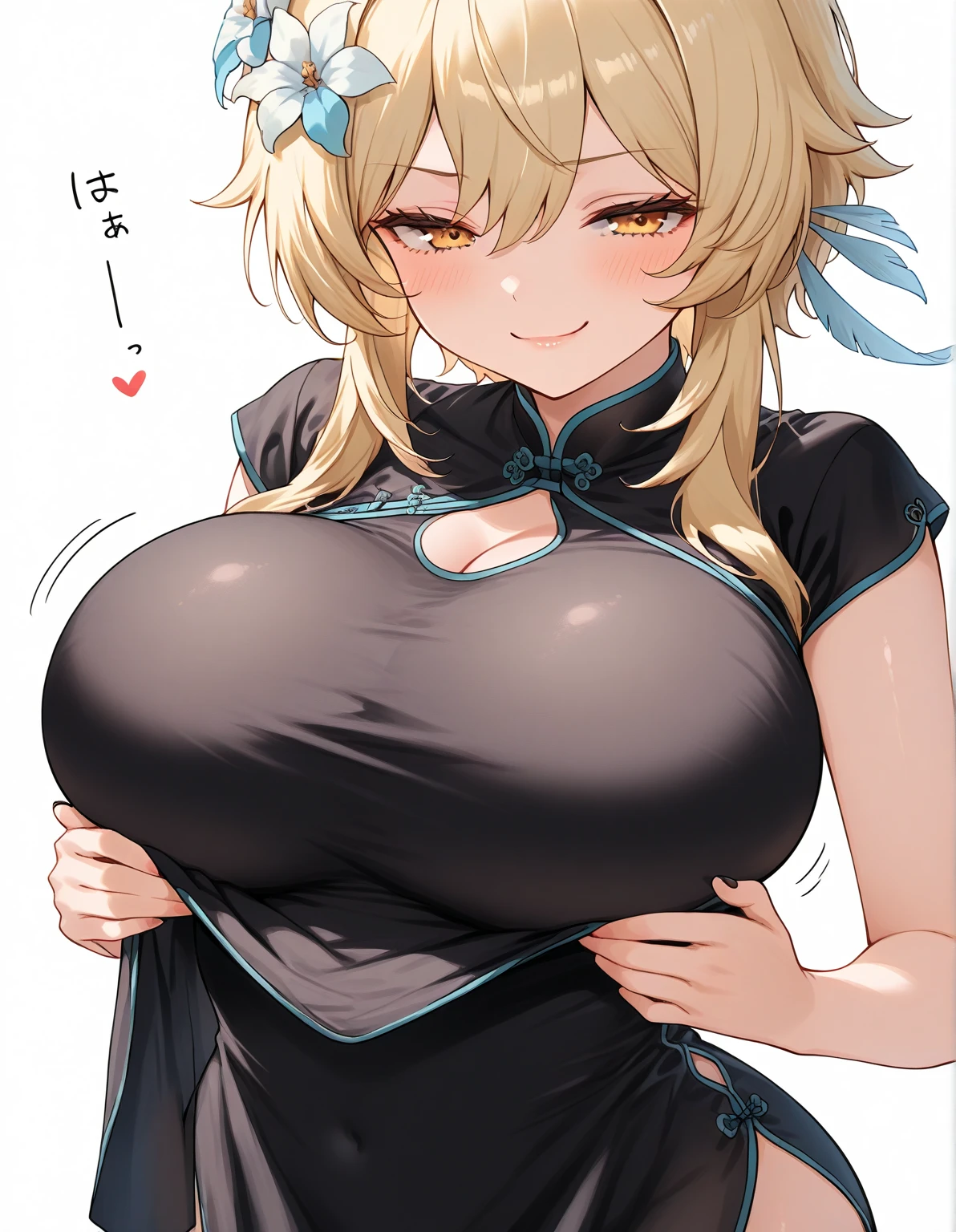 1 girl, game CG, white cheongsam, short cheongsam showing cleavage, gigantic breasts, blonde, middle hair, side ponytail, green eyes, smile, open mouth, breast hold, outside,