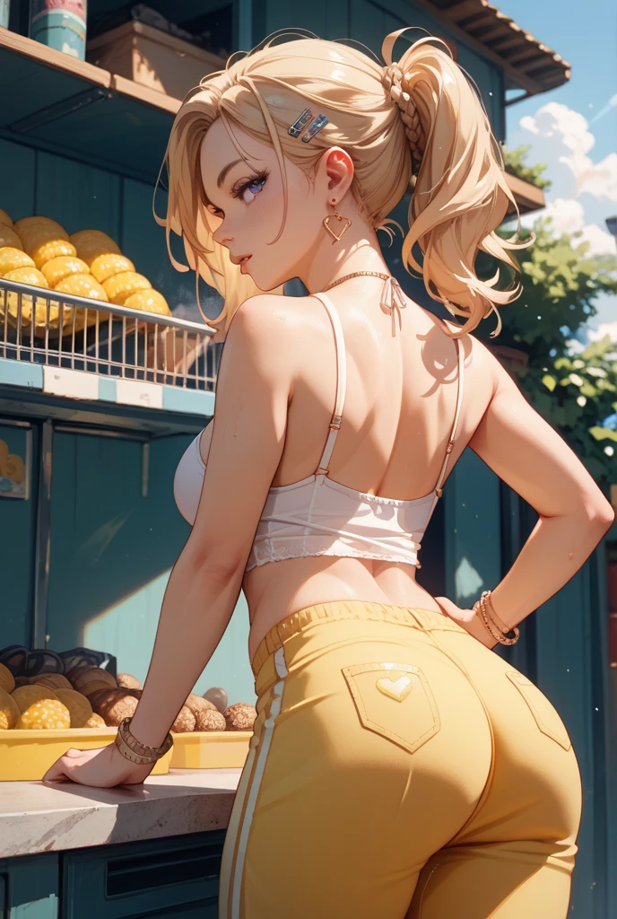 A woman wearing a tank top and saggy jeans eating a taco at a taco shop Jeans have belts Belly button piercing Jeans have a zipper from the crotch to the butt