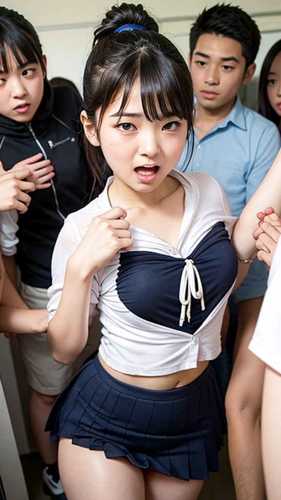 8K, Photographic images, masterpiece, 最high quality, Super Resolution, Beautiful woman with brown curly hair, ((Brown-haired beauty)), With bangs, Incredibly cute face, And slim, Small breasts, high quality, Tmasterpiece, outstanding features, She looks sad, Delicate eyes, delicate golden hair, 8K quality, Pale light and shadow, Dindal effect, disheveled golden hair, With bangs, A Young Country, Erotic scenes, rock, (element), Very bright white background, (Group molesters:1.3), 1 girl, (Front view from the foot), She was finger raped by several men、(((Inside a crowded Japanese train))), (((She was placed among the men、Raped by fingers:1.3))), (The men are standing around her), (Wearing a sexy blouse and a mini skirt), (Super beautiful face), (Her sexy dress was torn., Her underwear is torn、Exposed skin, Pink nipples, Thin pubic hair), ( She had both her breasts fondled by the man, The men put their hands around her buttocks.:1.3), (Her clothes are torn、Torn:1,3), (At S.F.W.), (((Her blouse is torn、The chest is exposed))), (Her miniskirt is being lifted up by the men), (((The man touches her vaginal opening and inserts his finger))), (((男 puts his hand inside her skirt))), (((A man tugs at her torn skirt))), (((Anxious and embarrassed, Her ecstatic expression))), (She had her mouth half open), (She is embarrassed and looks down), (She is very reluctant), (She is refusing), (Very troubled look),(((Moans of pain)))