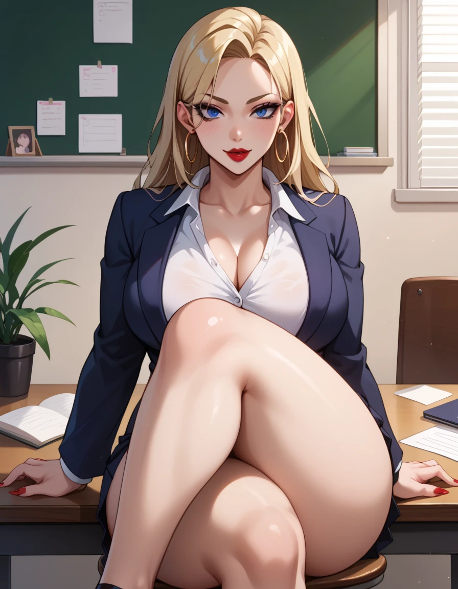 NSFW + bitch+ teacher outfits + Long Straight Blonde Hair With Bangs That Cover Forehead + sitting on a desk + crossed legs + Blue eyes + Thick and plump thighs + Sexy face + Perfect + Fair + Smooth skin + Black Eyeliner + Red lipstick + Silver Hoop Earrings + Red Acrylic Nails+ charming