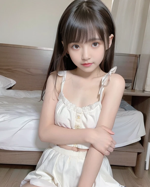 ((Highest quality)), ((Photo quality)), (detailed), Perfect Face,12 years old,Upper Body,Thin arms,White skin,bed,Sheer blouse