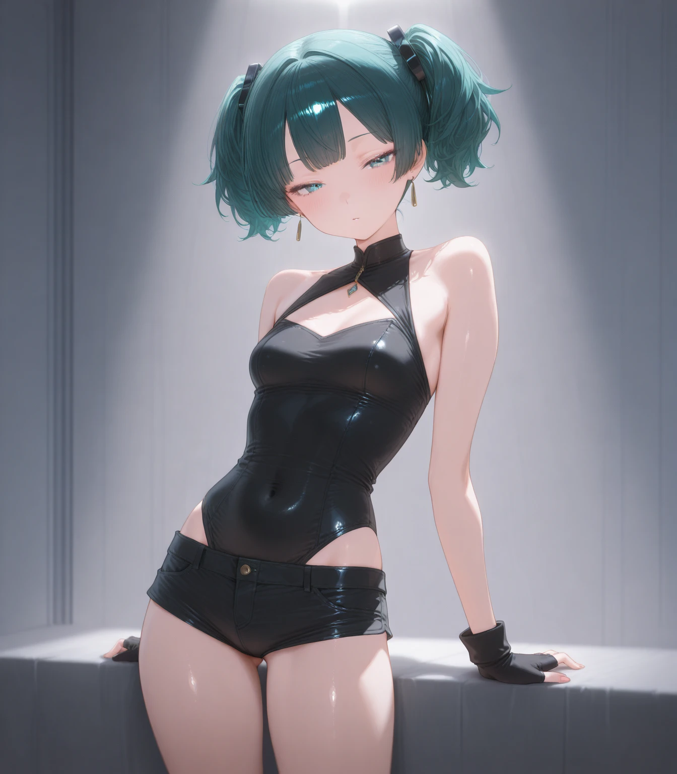attack style, holding fan, In place of dragon statue, small smile expression, wearing a Chinese green short dress, heels, beautiful eyes, perfect face, full body, work of art, green eyes, (((wearing a bikini very sexy))), shapely legs, eye reflection, glowing eyes, anime style, cinematic lighting, ray tracing, Canon, UHD, masterpiece, 8k