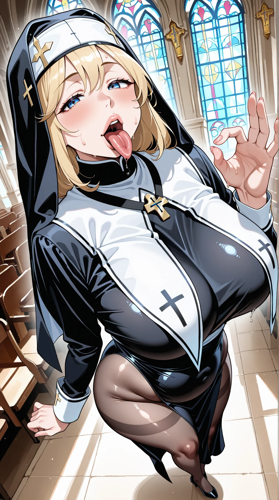 Score_9, score_8_up, score_7_up, score_6_up, score_5_up, score_4_up, source_anime, cute nun girl, closed eyes, nun hood, sleeveless, very sagging breasts, huge dark areolae, areola slip, long nipple, dark nipple, hairy stomach hair, wide hip, thick thighs, hairy armpit hair, Japanese, cute Japanese, anime girl, hentai, sweating, heart mark words, smelly, penis, hentai, cum shot, bukkake, neon signs, night, in city, back street, praying, bukkake everywhere, blonde, cum shot on wall, nipple piercing, hentai atmosphere, bukkake on head, lighting cross, having sex, sex, pov, cowgirl style sex, spreading legs, praying hand, shaking body, mounting