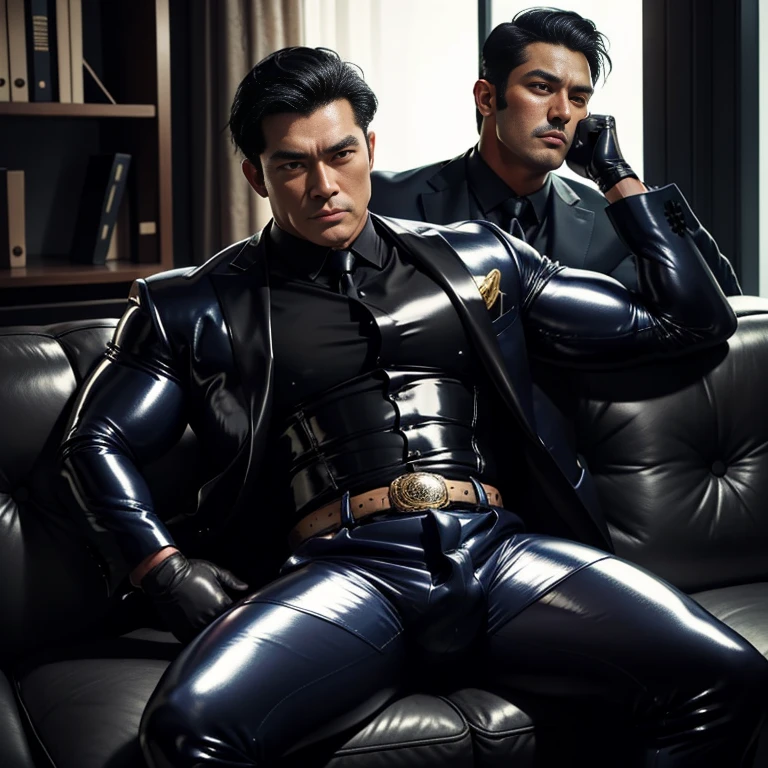 30 years old,One Man,、logic肉質、Black bodysuit、Shocker Belt、Combatant、Bedroom、sit、logic,Gay ,Very short hair。The crotch area of the pants is bulging、Stubble、Smiling and pointing a gun