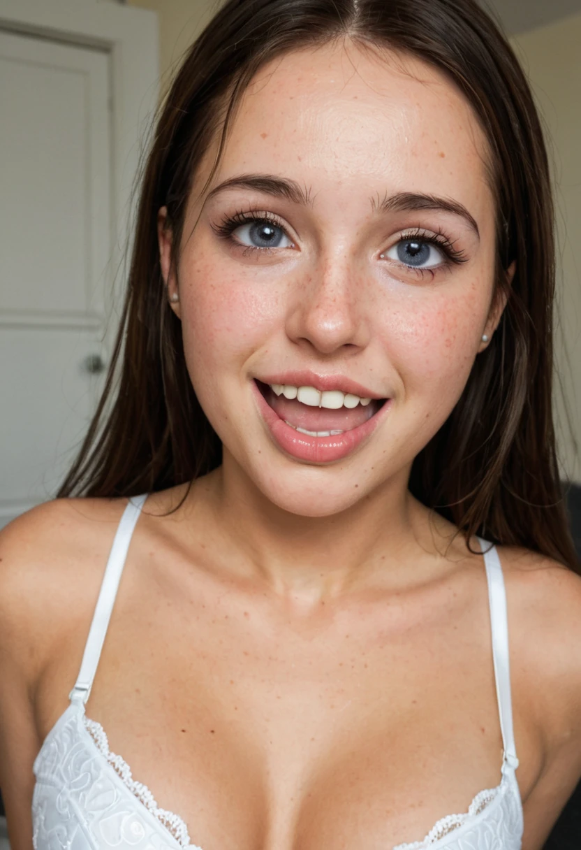 adorable young lady ?????, green eyes, straddling on knees on grass, on knees, covered in cum, dripping in cum, top down view, young lady looking up at camera, excited face, pov view from above, directly above view downward, POV, shocked face, excited face, overly happy