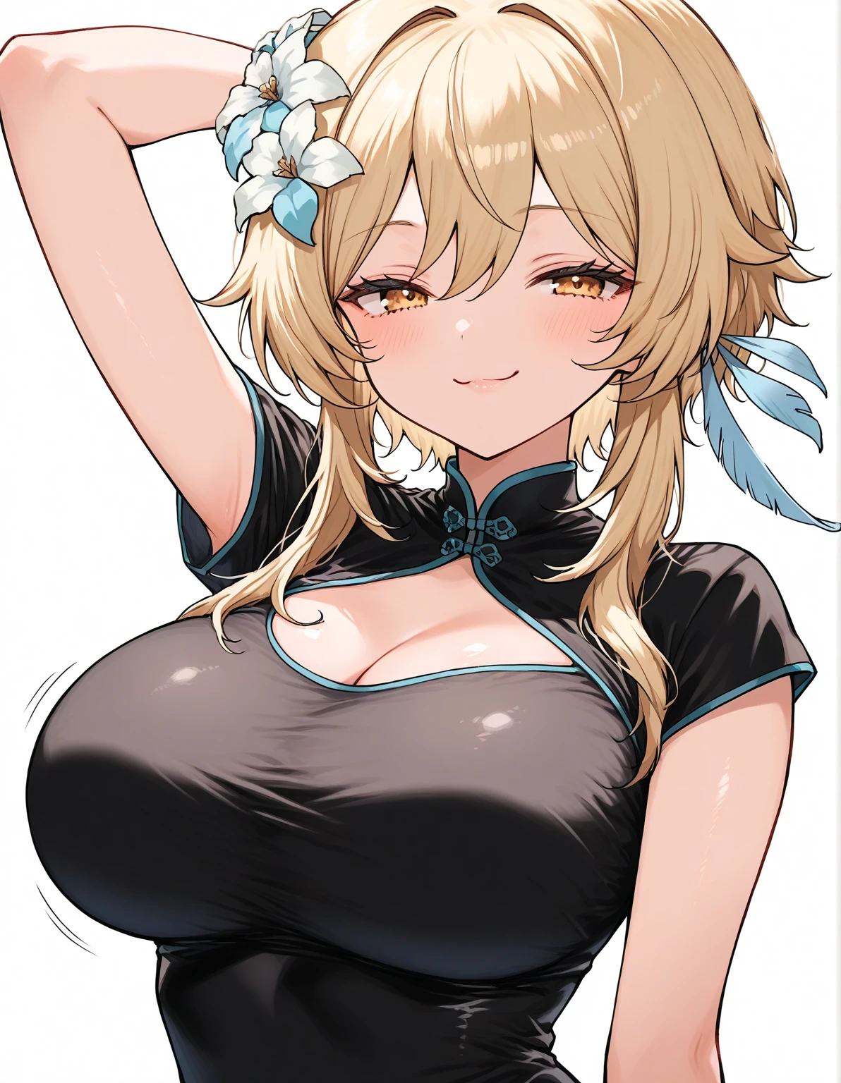 character girl 1,smile,sexy pose,perfect body,odd eye,sparkling eyes,leaning forward,Breast flick,slit,big breasts,low length,he is short,heart background,thin waist,blonde,bun hair,long tongue,string pants,white cheongsam,slit,open your mouth,stick out tongue,small clothes