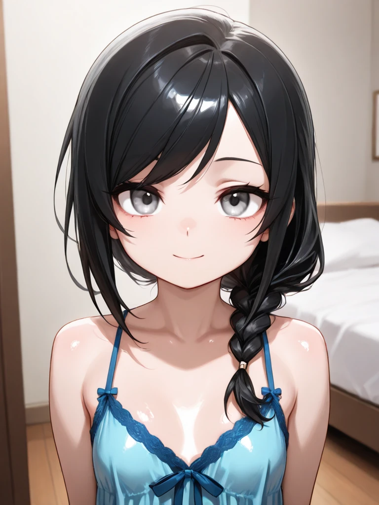  (masterpiece:1.3), (Best Quality:1.3), (Ultra-detailed:1.2), ((kawaii)), Cute, (lovely), ((sexy)), ((Extremely detailed)), 4K, (8K), Best Quality, (Beautiful), Illustration, anime style, (bold line:1.2), Gradation, looking at viewer, //, (bent down:1.1), (arms behind back), //, a cute girl, 1girl, (solo:1.2), gleaming skin, //, (big nude chested), (Perfect eyes:1.2), (Perfect iris:1.2), //, blue hair color, (beautiful eyes) //, (half closed eyes:1.3), (sexual expression:1.2), Fascinated expression, smile, (blush:1.2), //, , Emphasizing cleavage, (down blouse), mini Skirt to see underwear, //, modern pink restroom, on bed