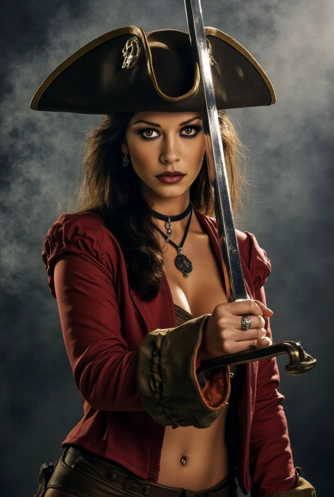 "(Highest picture quality), (Prioritizing the exceptional image quality and astonishing level of detail), generate an awe-inspiring (photorealistic:1.1) a female pirate, pirate flag, night, moonlight, artwork portrait, adam hughes, sexy, erotic."