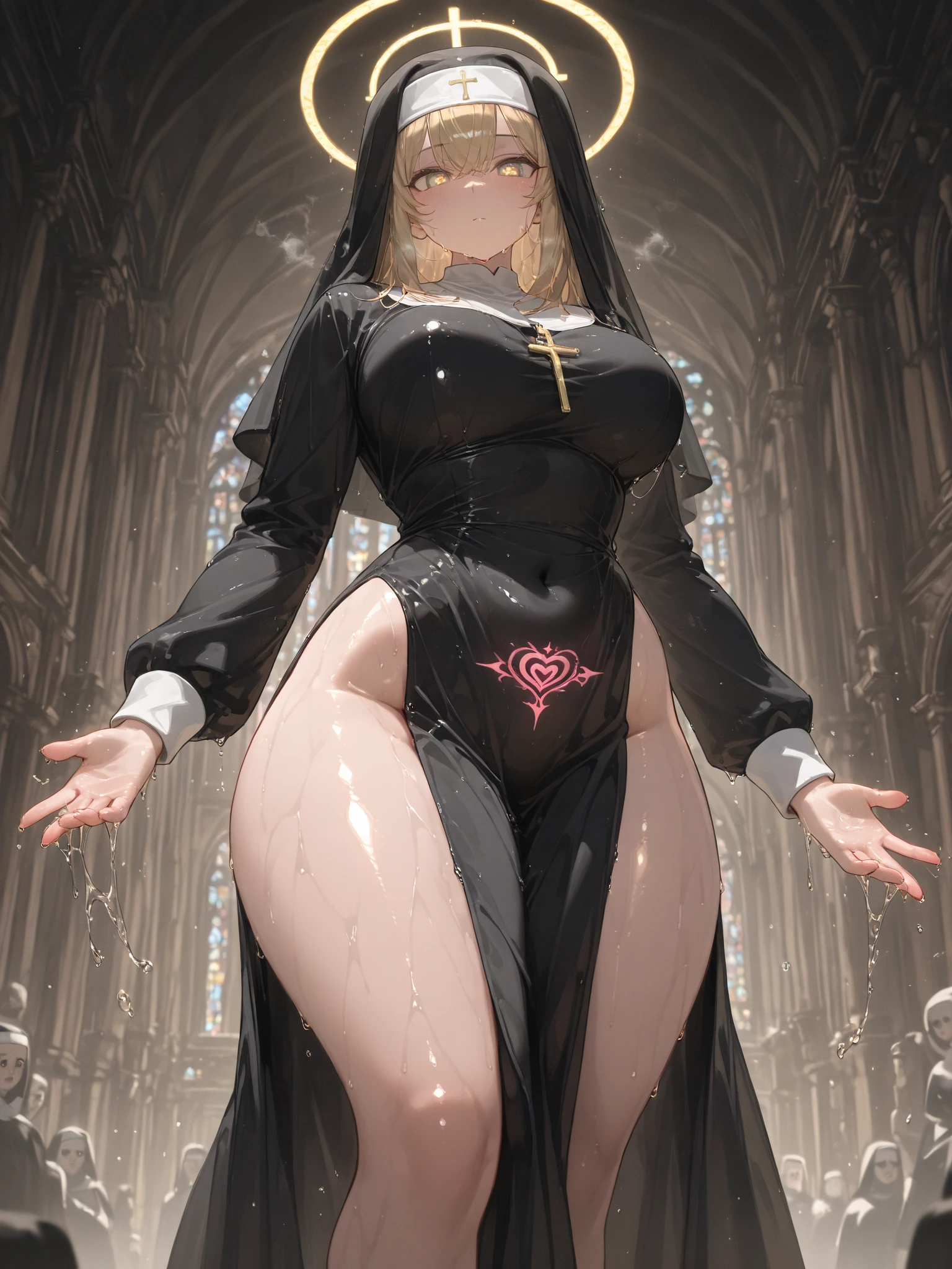 erection, Large , big testicles,  scabbard, Dark testicles, Pink , Long hair, black hair, (dark skinned female), (nun), Big breasts, Big ass, Deer antlers, venus body, church, cathedral,