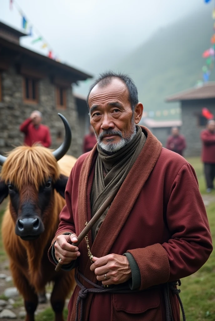 RAW photo, 1man, old man, (((smoking))), cigarette, expressionless, tibetan clothes, earrings, lots of smoke, simple background, (high detailed skin:1.2), 8k uhd, dslr, soft lighting, high quality, film grain, Fujifilm XT3