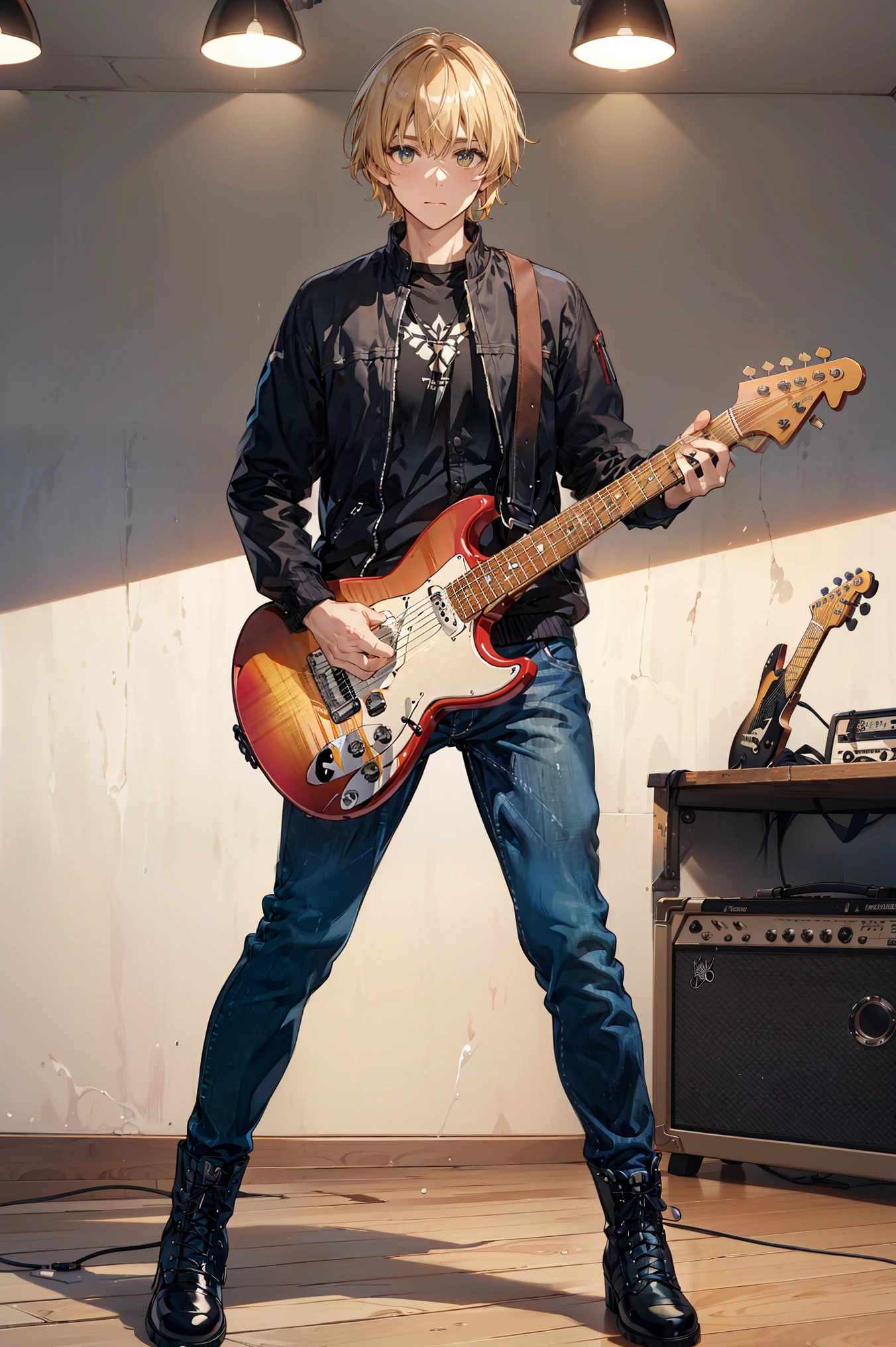 ((Full Body、full body))((masterpiece, Highest Quality, high resolution)), ((Highly Detailed CG Integrated 8K Wallpaper)), ((Handsome guy with a firm body))(黄色のelectric guitarと白のシャツを着た男性),Short golden hair、black jacket、dark blue thick jeans、 strong man、Dreaming Rock Guy、blonde belly short hair、electric guitarを弾く、((Full Body、full body))Man playing guitar , (electric guitarを弾く), (Blonde Very Short Hair)、 electric guitarを演奏する男性,green eyes、 strong man、blonde belly short hair、electric guitarを弾く, Black mid-length boots、electric guitar, handsome man、electric guitar,A cup of water is placed on the 、Pure white wall、empty background