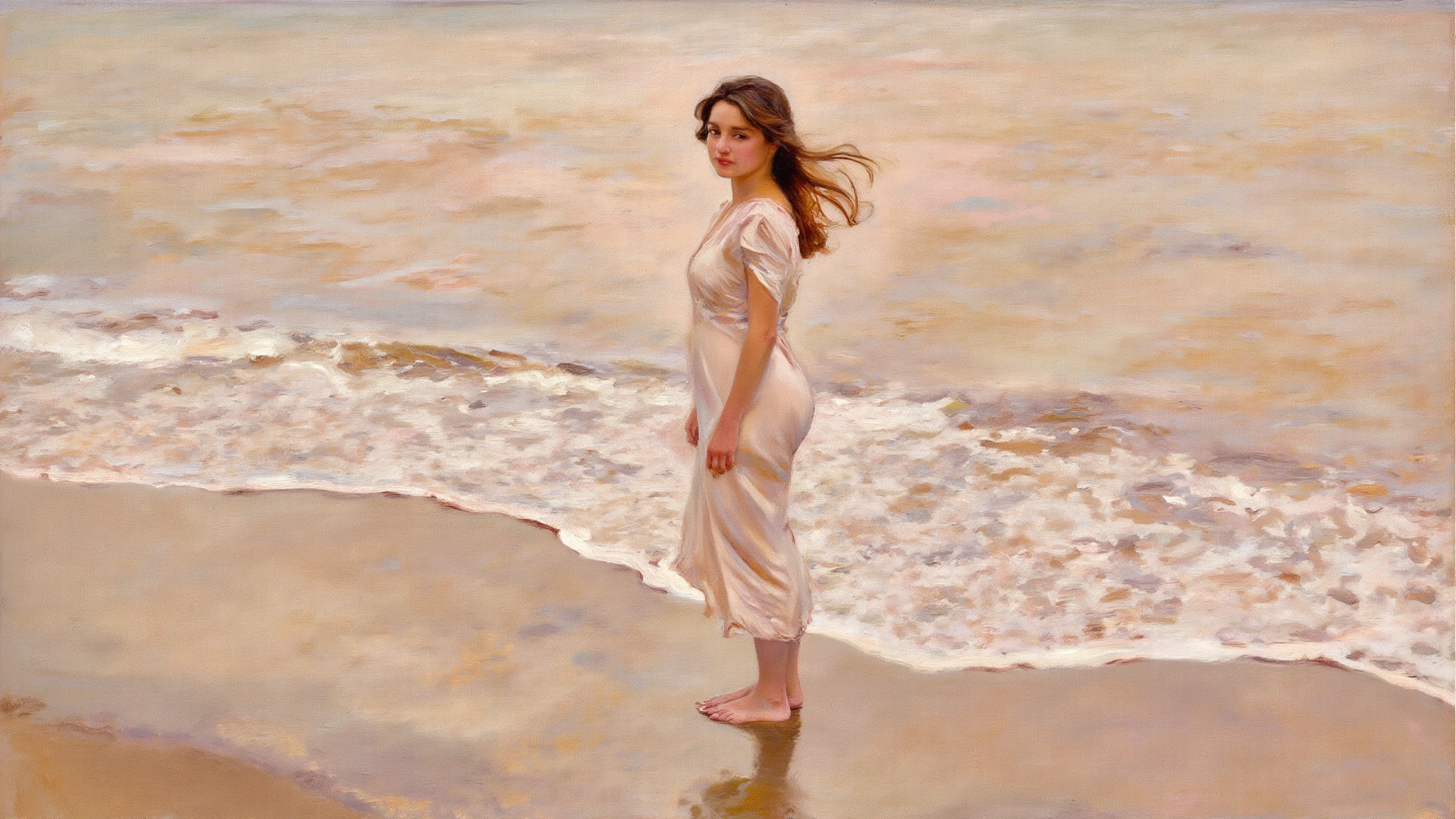 alone in the universe, Paint in watercolor style, Photorealism, discreet golden and ruby and mint shades, (nude) a gentle, modest, thin girl of 14 years old with a very beautiful, exquisite face of the southern type with tender nipples walks barefoot in the distance along the coast