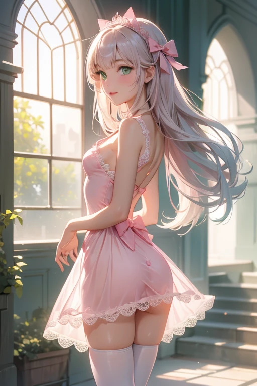 (​masterpiece, top-quality, Ultra high definition image quality、1girl in, white  hair, angelicales, Innocent), Pink detailed eyes, 大きくて美しいangelicalesの羽, full body Esbian, Arms behind, mid air, The halo, the woods, Healthy smile、Mysterious Beauty、Beauty that captivates the heart、美しい神のangelicales、(((light pink long hair)))