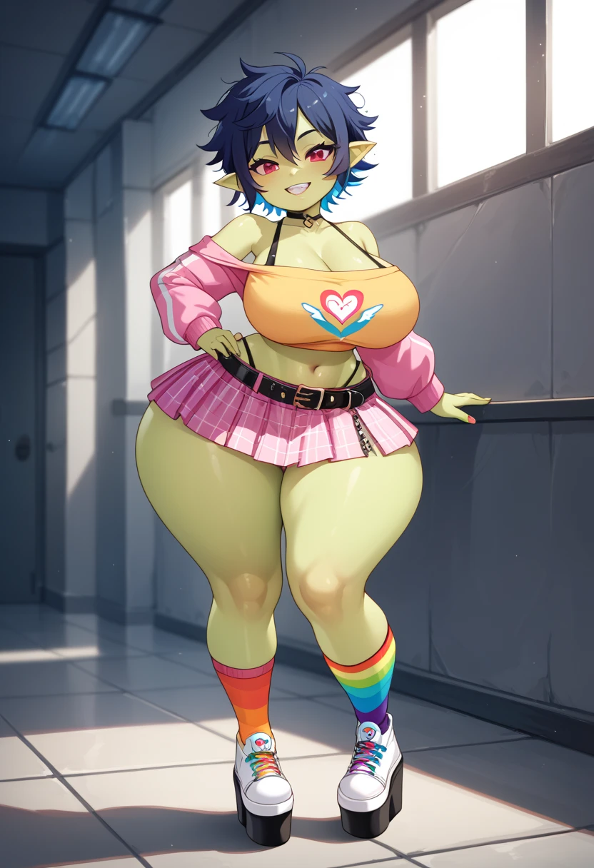 ((Masterpiece:1.5, best quality)), ((Mina Ashido from My Hero Academia)), beautiful face, (voluptuous), large_breast, ample hips, flaunting her incredibly detailed accentuated big booty, wearing cropped t-shirt and daisy dukes, thick_thighs, breathtaking detail, RAW photo color, cinematic lighting, 8k uhd, dslr,