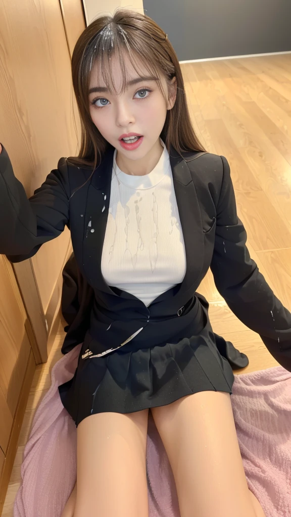 Top quality, Masterpiece, 超高分辨率, (Realistic, : 1.4), Original photo, (True skin texture: 1.3), (filmgrain: 1.3), in a panoramic view, Portrait, Very wide lens, Narrow waist, cowboy lens, (bangs, Inconspicuous, Cold light,) Night, Close-up, Tears, Short hair, neck long, ears sticking out, bangs, Big eyes, Brightly Colored Eyes, In the house, Dust, Tindall effect, (Facial expression), Sitting, (hitting a wall), Crying, Frowning, (Looking down), Nervousness, Tears, smiling happily
one girl, eyes and face with beautiful details, White jabot, pink dark V, Brown eyes,