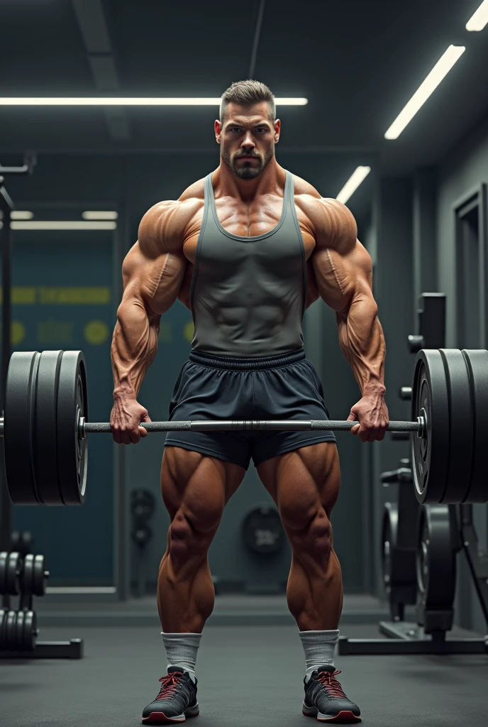Muscular, huge biceps, huge chest, shirtless, wearing shorts, full body.