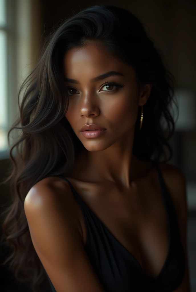 Tanned girl who looks like Zendaya and Kylie Jenner wearing a black dress with no chest