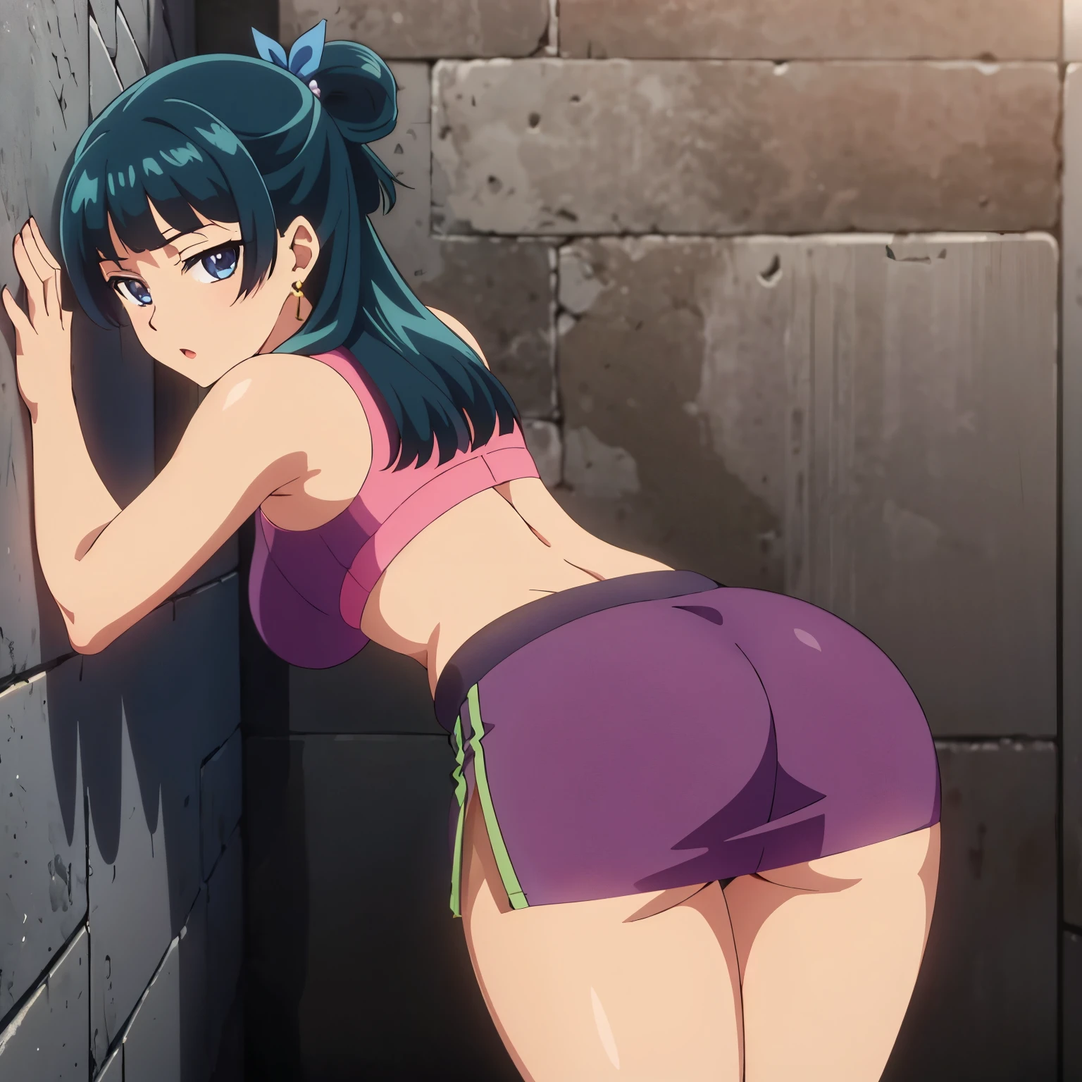 , attractive thighs, bigg butts, AkiMakino, Oni chichi, Short hair, blue Hair, purple eyes, ( full body), bikini, (anal sex), ng ansex, sitting op ofcylindrical object