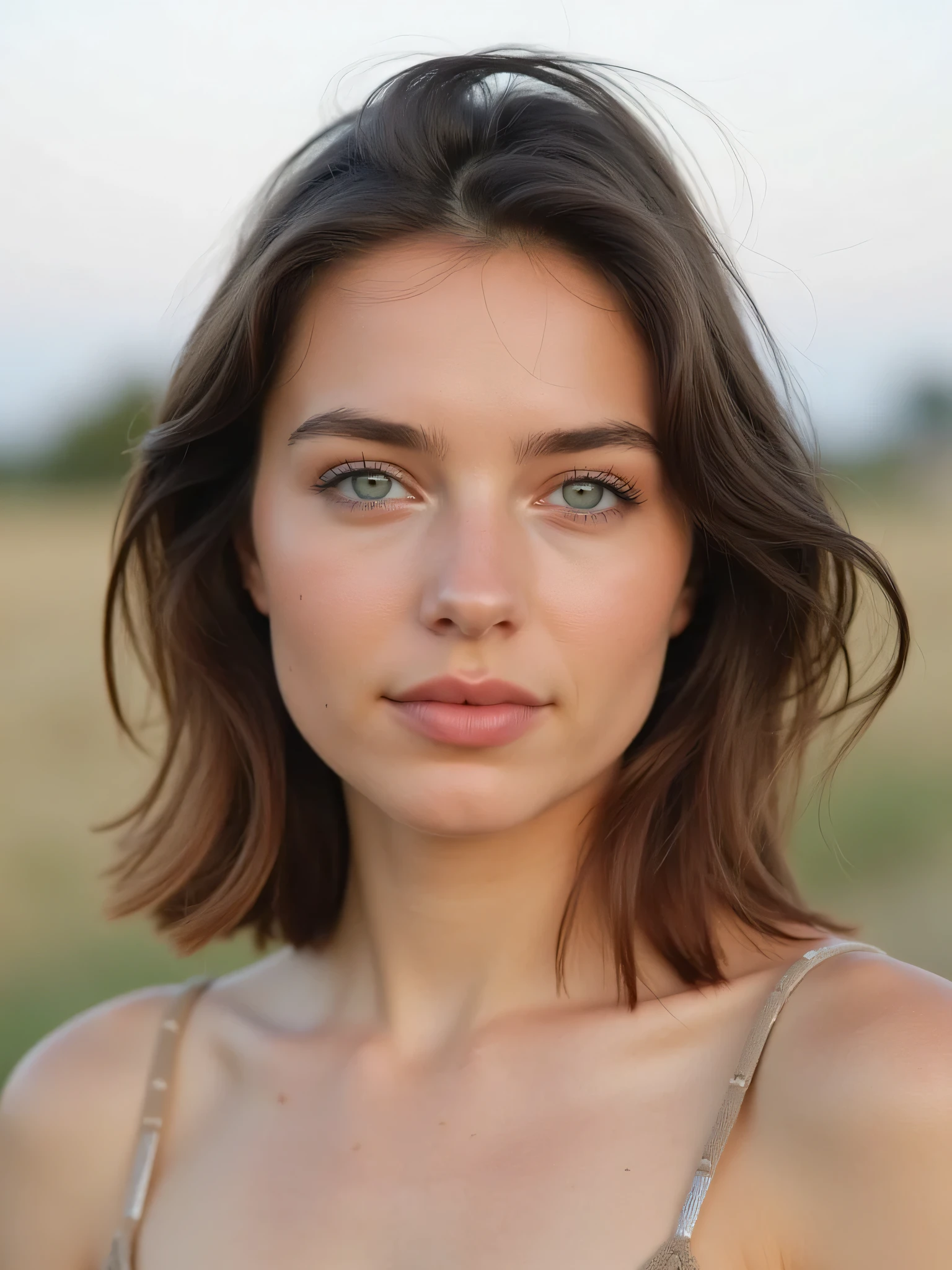 A high-quality portrait photo of a young, attractive Scandinavian woman, with clear blue eyes and shoulder-length brown hair. Her skin is fair and naturally glowing, with delicate facial features and a soft expression. She is wearing a simple, casual outfit, standing outdoors in soft daylight, with a gentle breeze moving a few strands of her hair. The background is slightly blurred, giving depth to the image and focusing attention on her face. The lighting is natural and flattering, creating realistic shadows and highlights across her face.