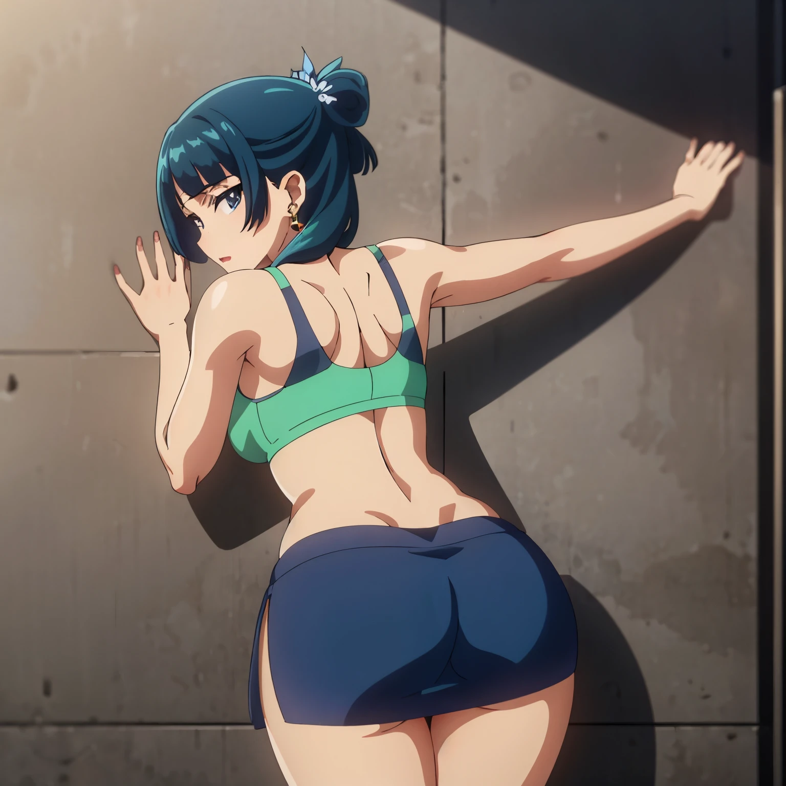 a beautiful detailed girl with short blue hair, purple eyes, hands on her attractive thighs, wearing a bikini, milk on her body and in her ass, (full body), best quality, 4k, 8k, highres, masterpiece:1.2, ultra-detailed, realistic, photorealistic, photo-realistic:1.37, HDR, UHD, studio lighting, ultra-fine painting, sharp focus, physically-based rendering, extreme detail description, professional, vivid colors, bokeh, portraits, lowering the bikini, back view, uncensored image