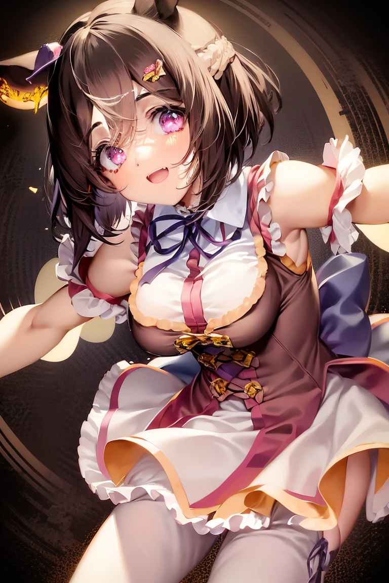 NSFW,((1man with 1woman,Having sex)),vaginal,SEX,Woman on top,(grabbing another’s breast),Squatting,Open legs,Girl riding naked man,bared chest,teats,Revealing clothes,Uma Musume,Nishino flower,Marl,shorth hair,Red headband,Beautiful purple eyes,Purple and yellow dresses,bow ribbon,small tits,Lori,Curvaceous,Smile with open mouth,red blush,Shy face,Top image quality,hight resolution,Best Quality