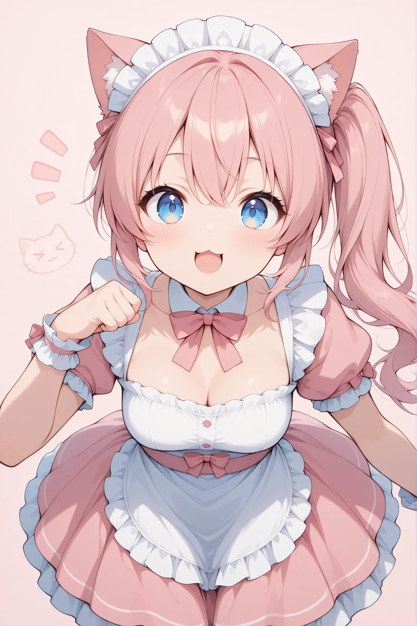 Cat ears、Maid Outfit、pink hair、long hair、side ponytail、cute、blue eyes、 very energetic girl 、>_<,:trike a pose